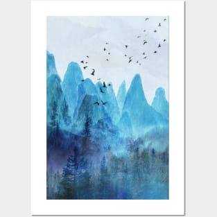Turquoise Blue Mountainscape w Pine Forests Posters and Art